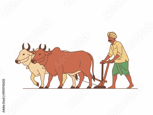 Indian farmer plowing with oxen traditional agriculture illustration