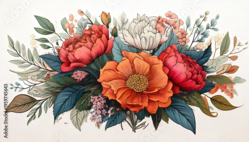 Colorful Flowers and Leaves Arrangement.