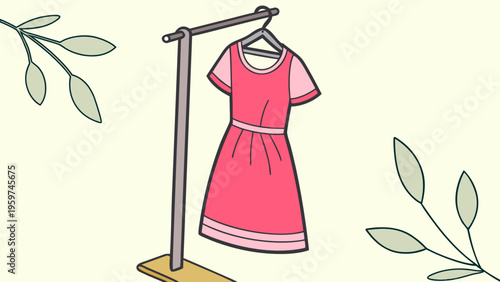 Stylish dress hanging on rack with leaves decoration, minimalist fashion boutique concept, flat vector design for retail, clothing store, and modern apparel branding.