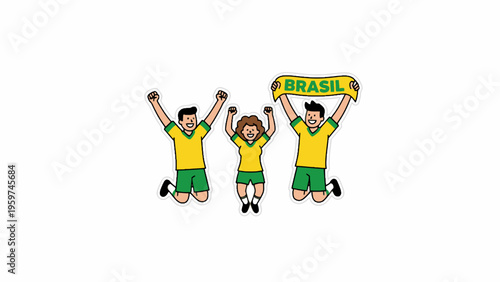 Brazilian soccer fans jumping and cheering with scarf illustration