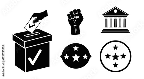 Collection of political and government icons including a ballot box, raised fist, courthouse, and stars