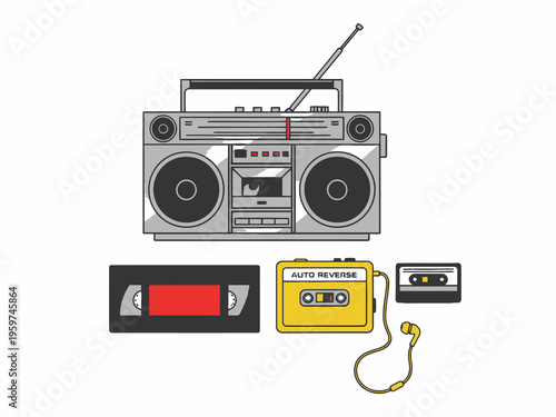 Retro Audio Equipment Set with Boombox Walkman VHS and Cassette