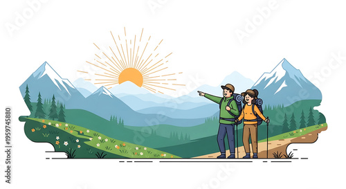 A vector graphic illustration of two hikers standing on a mountain trail, looking out at a scenic view of mountains and a sunrise.