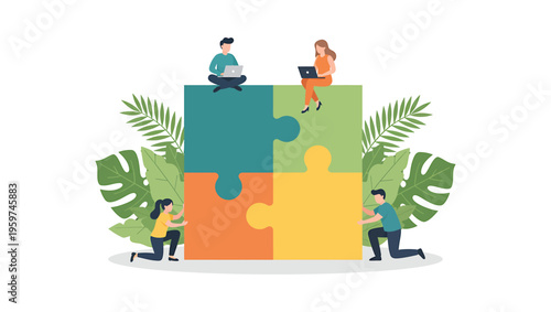 Business team putting together puzzle vector illustration. Teamwork and Partnership. Company of diverse people putting together a huge puzzle details