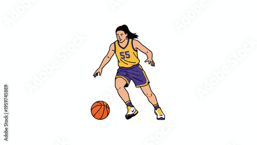 Woman basketball player dribbling ball in yellow uniform