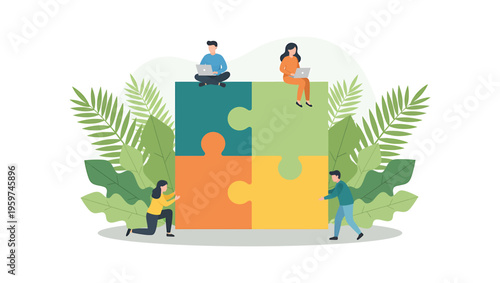 Business team putting together puzzle vector illustration. Teamwork and Partnership. Company of diverse people putting together a huge puzzle details