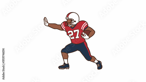 American Football Player Running with Ball and Stiff Arm on White