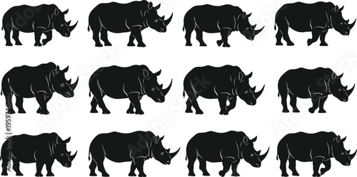Rhinoceros silhouette set vector collection featuring black rhino in multiple poses isolated on white background wildlife safari animal design elements pack