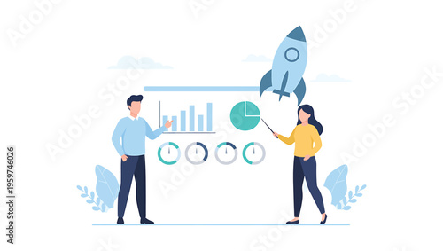 Company employees present work launch projects concept flat illustration. People present jobs about the growth of the company concept flat illustration