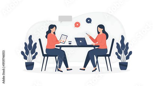 Two women sitting on chairs with a table discussing takes notes on a clipboard. Businesswoman offer partner deal or agreement, executive man writing at clipboard notes