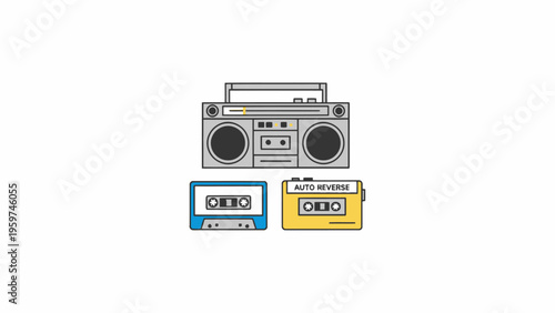 Vintage Boombox Radio with Audio Cassettes Vector Illustration
