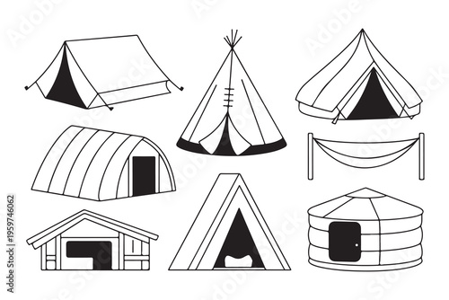 Set of black and white camping tents, tipi, yurt, hut, and hammock for outdoor adventures