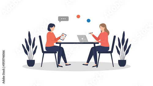 Two women sitting on chairs with a table discussing takes notes on a clipboard. Businesswoman offer partner deal or agreement, executive man writing at clipboard notes