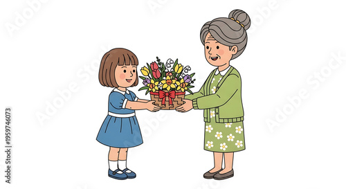 A young girl giving a bouquet of flowers to a smiling elderly woman in a heartwarming moment of intergenerational connection.