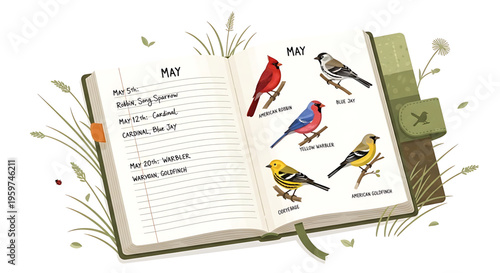 An illustrated journal page featuring colorful bird species for May, surrounded by floral elements and a green leather journal.