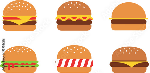 Burger Icon Set with Various Fast Food Hamburgers in Flat Design Featuring Cheese, Lettuce, and Sauces for Restaurant Menu, Street Food, and Delivery Apps