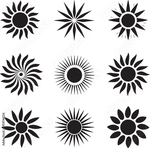 Set of abstract sun icons in various styles, representing sunbursts, rays, and celestial bodies on transparent background