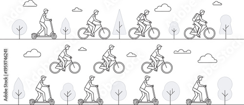 Urban commuting cyclists and electric scooter riders seamless pattern line art eco transport city lifestyle vector illustration
