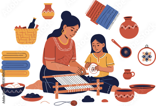 Mother teaching daughter traditional weaving craft flat vector illustration handmade textile art cultural heritage concept with tools pottery and fabrics
