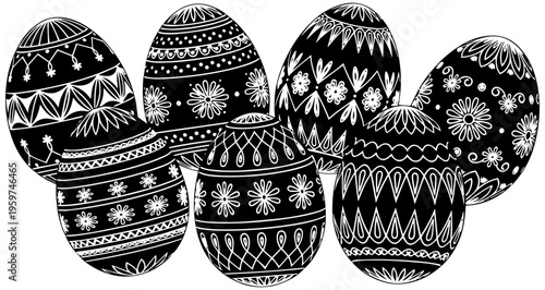Easter eggs with intricate traditional Ukrainian pysanky designs in black and white