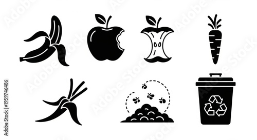 Organic Waste and Composting Solid Icon Set