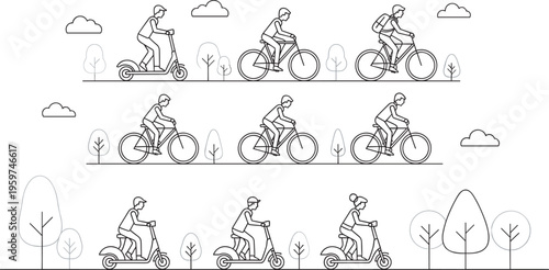 Urban cycling and electric scooter riders line art set eco transport outdoor commute vector illustration city lifestyle collection
