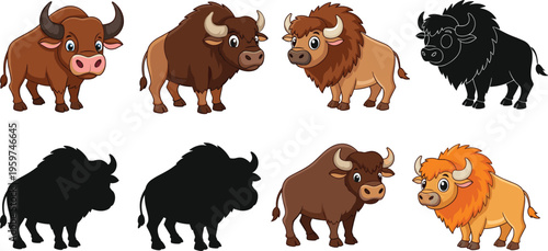 Set of bison and buffalo illustrations in different styles and poses, cartoon wild animal character collection with silhouettes isolated on white background for design