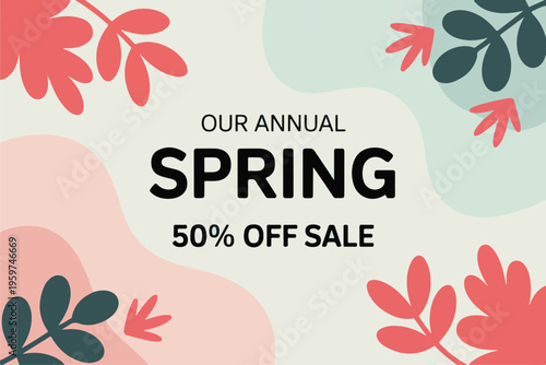 Our annual spring 50% off sale with colorful abstract organic shapes and floral elements