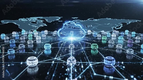 Cloud computing network with a glowing cloud icon and connected nodes on a world map background