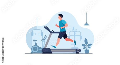Person Running on Treadmill in Gym for Cardio Endurance Training Vector Illustration