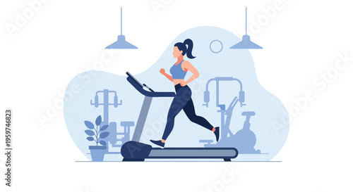 Female Running on Treadmill in Gym for Cardio Endurance Training Vector Illustration