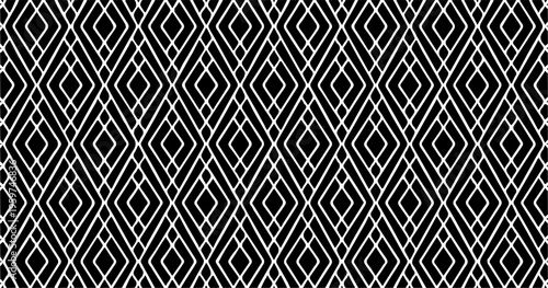 Seamless black and white diamond geometric pattern, modern repeating design ideal for textile, wallpaper, and decorative background.