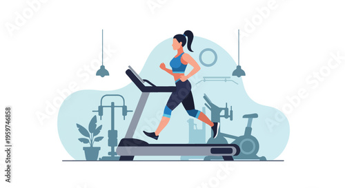Girl Running on Treadmill in Gym for Cardio Endurance Training Vector Illustration