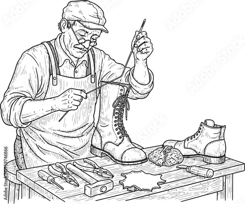 Shoemaker meticulously repairing a boot with specialized tools on a workbench