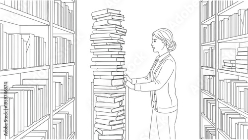 Woman stacking books in a library with shelves