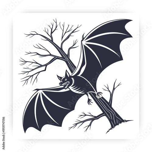 Flying Bat Silhouette Vector, Halloween Bat Clipart, Dark Gothic Animal Icon Isolated on White Background.