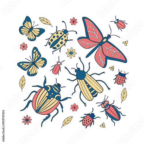 Colorful insect icons, butterfly and beetle illustrations, bug vector set, garden pests and flowers