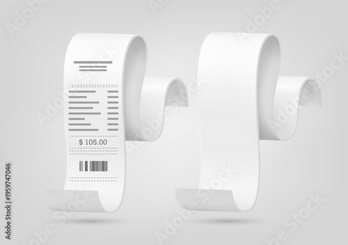 Minimalist long curling paper receipts One receipt features printed financial data price tag and barcode while the other remains blank Clean e-commerce transaction themes financial management visuals