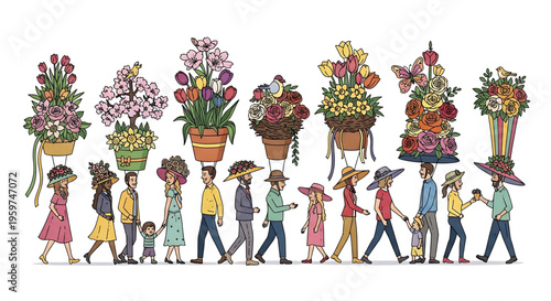 A colorful illustration of people walking in a line carrying and wearing vibrant floral arrangements