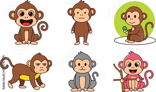 Set of cute monkey illustrations in different poses and expressions, cartoon jungle animal character collection with playful primates isolated on white background for design