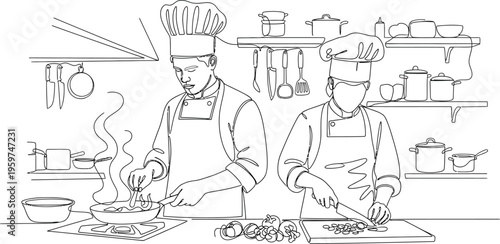 Two chefs cooking together in a modern kitchen environment