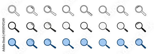 Magnifying glass search icons set, zoom and find symbols, minimal outline and solid vector collection for interface and web design on transparent background