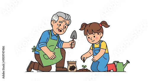 A heartwarming illustration of an elderly man and a young girl gardening together