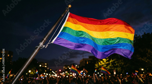Wallpaper Mural Rainbow flag flying over a night pride crowd Torontodigital.ca