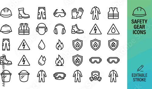 Comprehensive safety gear icon set featuring editable stroke line symbols for protective clothing industrial hazards and occupational health.