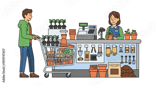 A customer purchases gardening supplies at a store with a cashier