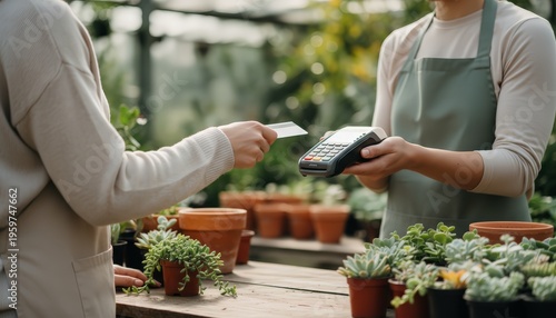 Customer making a contactless payment with a credit card to a florist holding a pos terminal at a retail checkout counter in a small business garden shop
