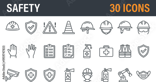 Comprehensive safety icon set featuring hard hats fire extinguishers first aid kits protective masks and industrial security equipment.