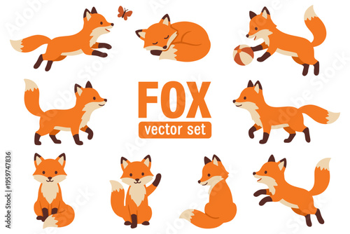 Cute fox cartoon character set, funny woodland animal poses collection. Adorable baby red fox with fluffy tail, running, sitting and sleeping. Vector flat illustration.