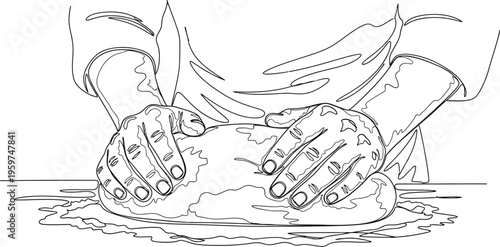 Hands kneading dough on a floured surface with a plate underneath